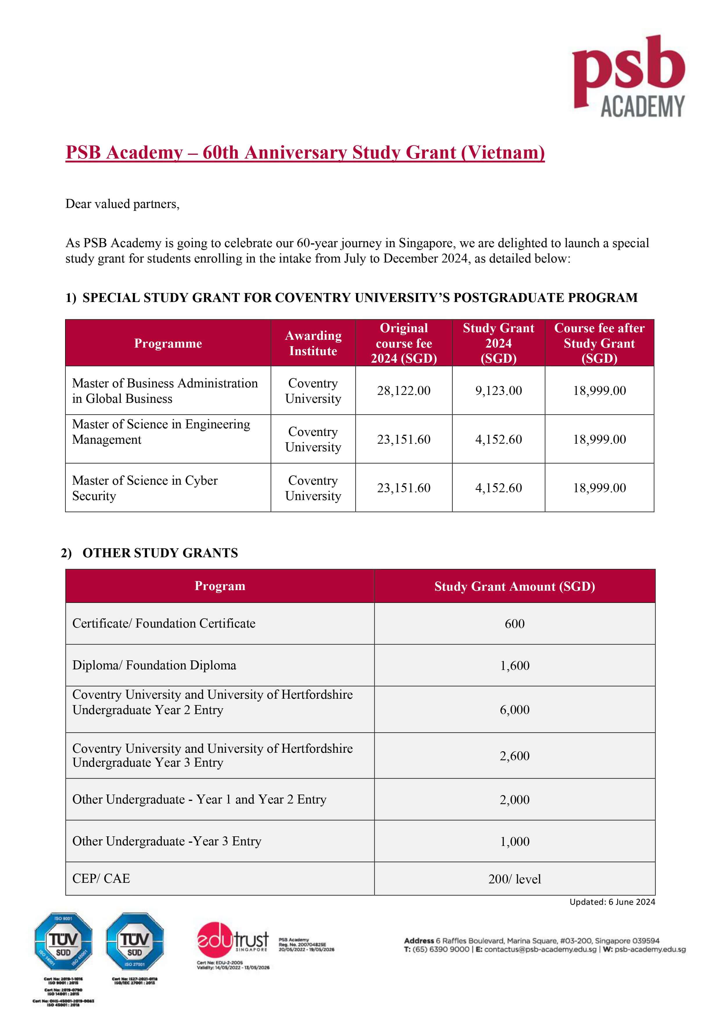 PSB Academy - 60th year Anniversary Study Grant học bổng